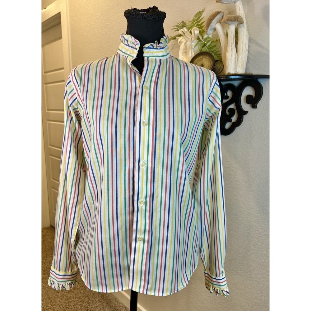 Ms. Sero Vintage 70s 80s Rainbow Striped Button-up Ruffle Mock Neck Blouse Sz 12